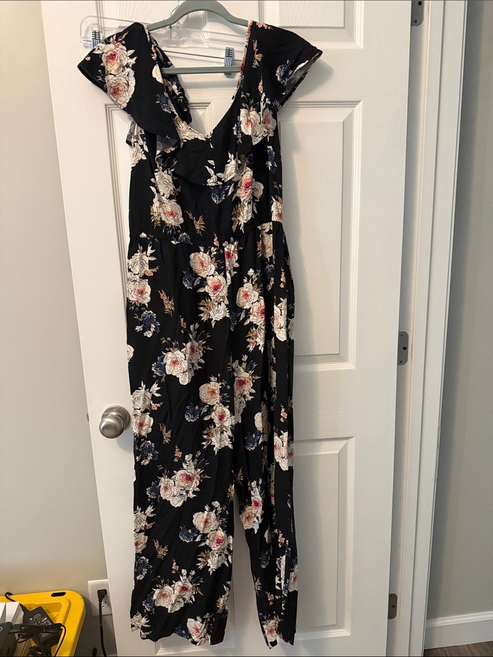 Xhilaration Black One-Shoulder Floral Jumpsuit with Cream and Pink Flowers